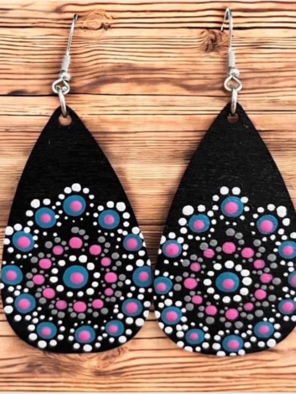 Hand Made! Dot Painted Mandala Teardrop Earrings Boho Floral Wood